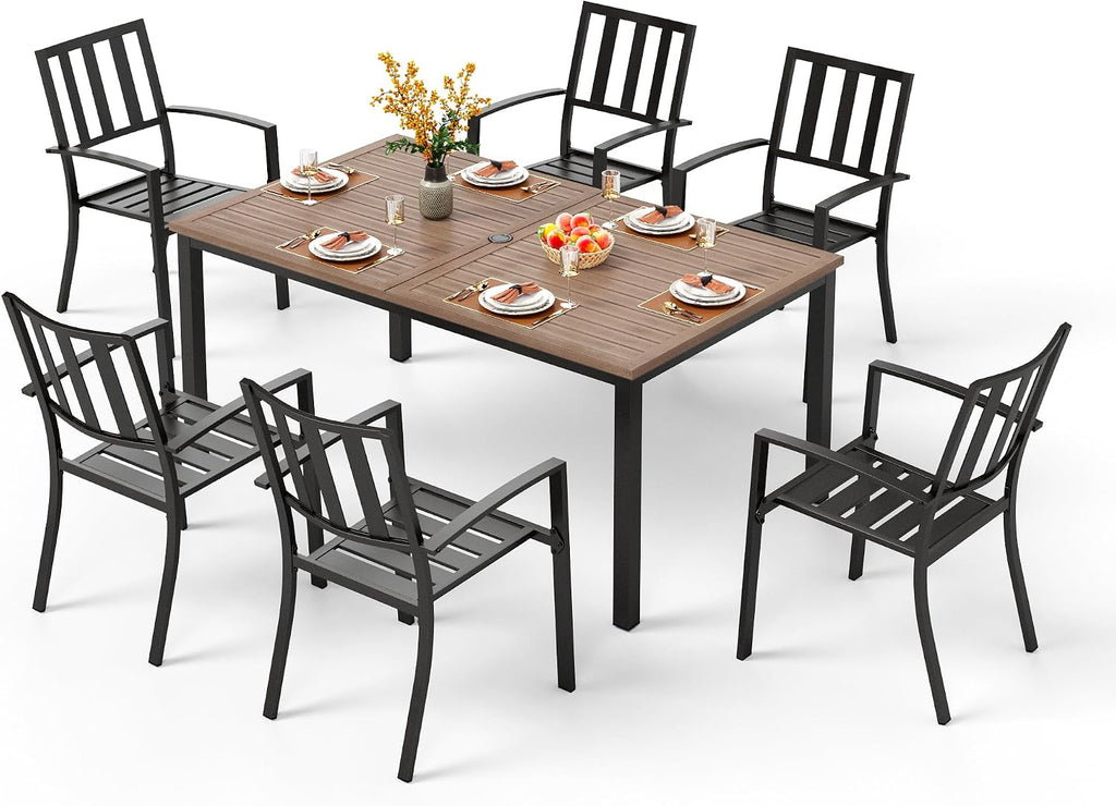 PHI VILLA 7 Pieces Outdoor Dining Set for 6, 65' Brown Wood-Like Metal Steel Dining Table & Stackable Black Iron Chairs, Large Outside Furniture Set for Patio, Deck, Yard, Porch