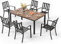 PHI VILLA 7 Pieces Outdoor Dining Set for 6, 65' Brown Wood-Like Metal Steel Dining Table & Stackable Black Iron Chairs, Large Outside Furniture Set for Patio, Deck, Yard, Porch