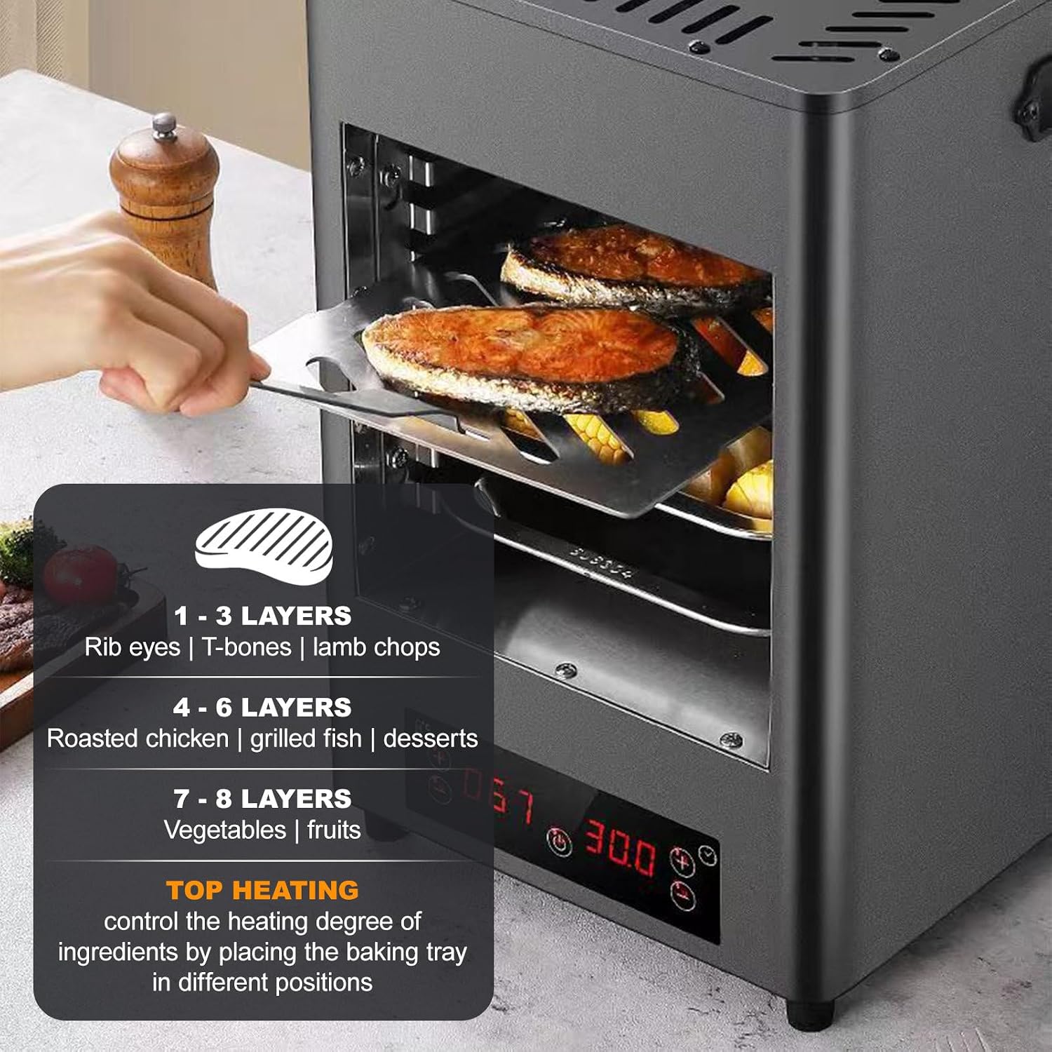 Commercial Indoor Steak Grill/Electric Steak Broiler - 30 Min Time/8 Gears Temperature Adjustable(100-800℃),8-Layer Portable Countertop Oven for Beef Chicken Vegetables,1700w,Grey