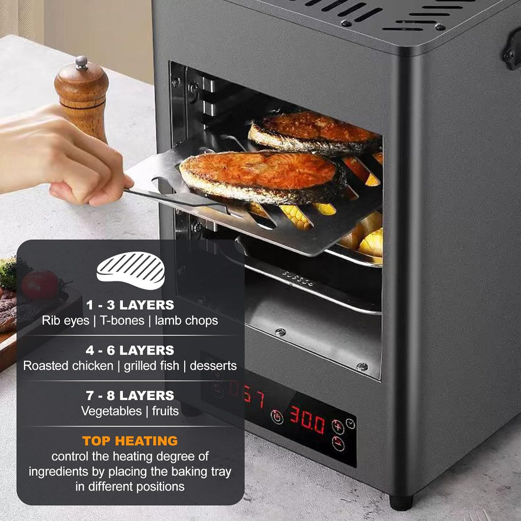 Commercial Indoor Steak Grill/Electric Steak Broiler - 30 Min Time/8 Gears Temperature Adjustable(100-800℃),8-Layer Portable Countertop Oven for Beef Chicken Vegetables,1700w,Metallic