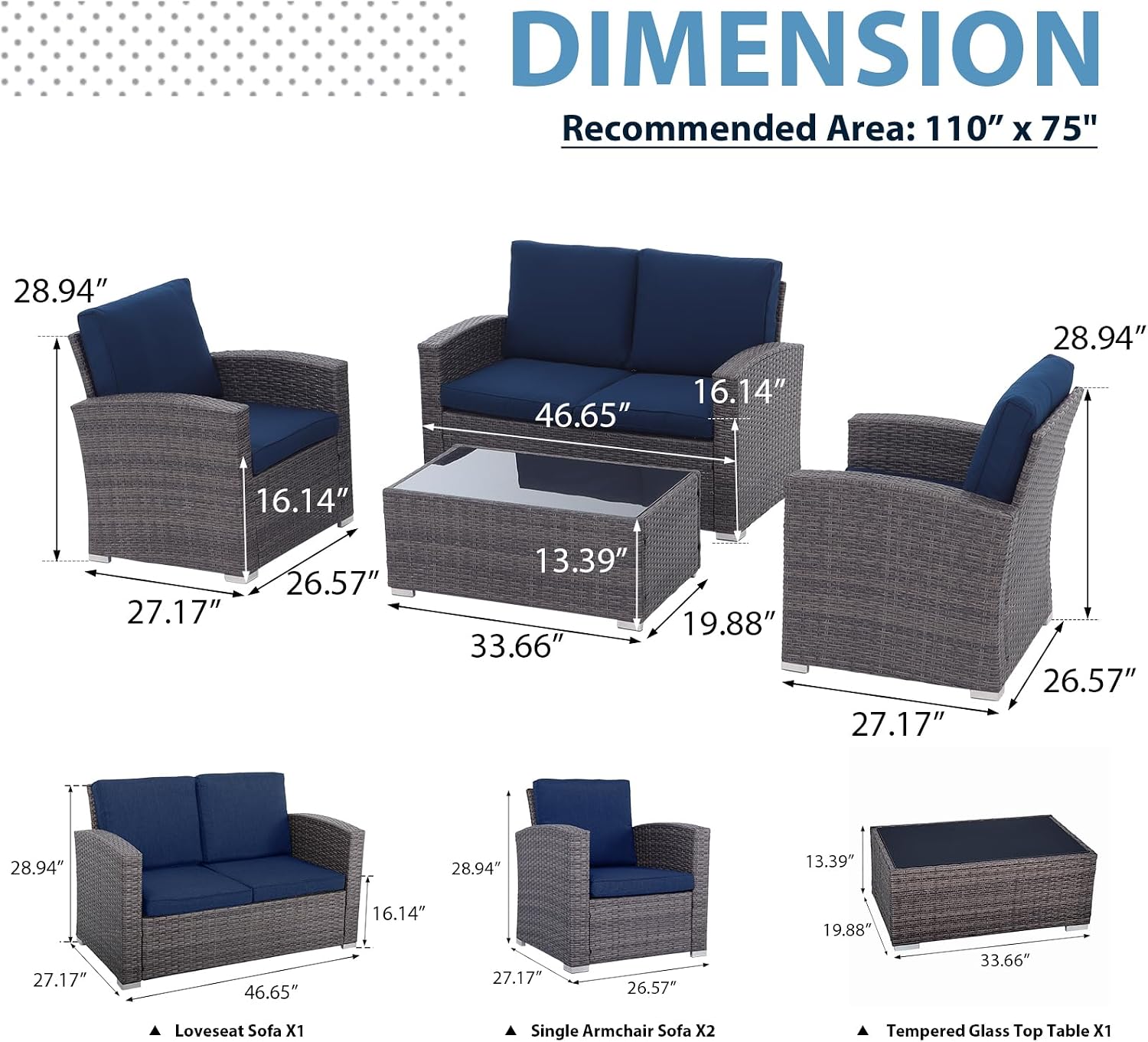 JOIVI Patio Furniture Set, 4 Piece Outdoor Patio Conversation Set, All-Weather PE Rattan Wicker Sectional Patio Sofa Set with Tempered Glass Coffee Table for Family Gatherings, Navy Blue