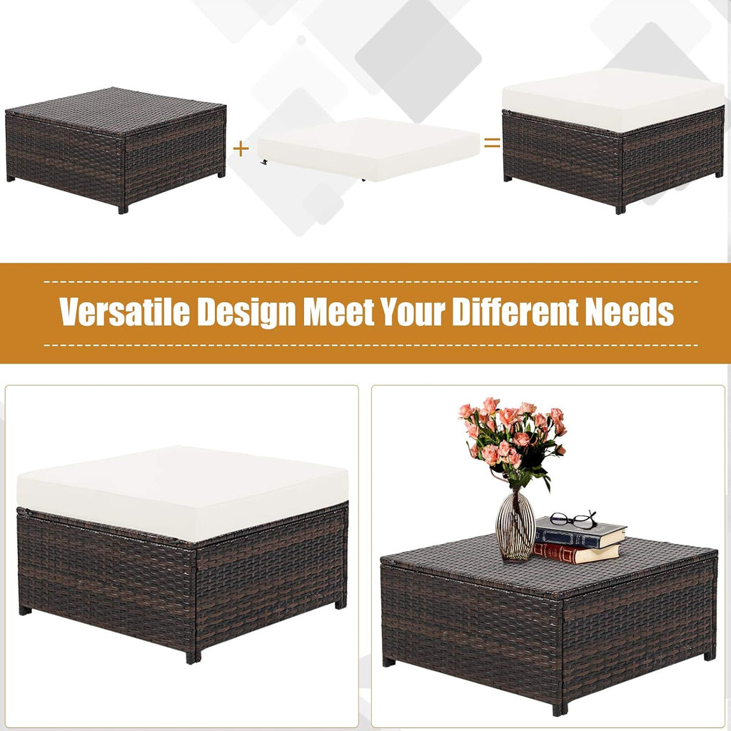 Tangkula 5 Pieces Rattan Patio Furniture Set, Outdoor Sectional Wicker Sofa Set with Loveseat, 2 Single Sofas, 2 Ottomans & Removable Cushion, Outside Daybed Sofa for Yard, Garden, Poolside, Off White