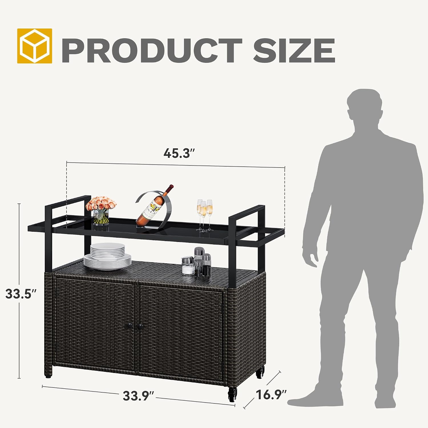 DWVO Patio Bar Table,Outdoor Kitchen Island with Glass Top,Rattan Patio Storage Cabinet with Wheels,Bar Cart for Poolside and Backyard,Black