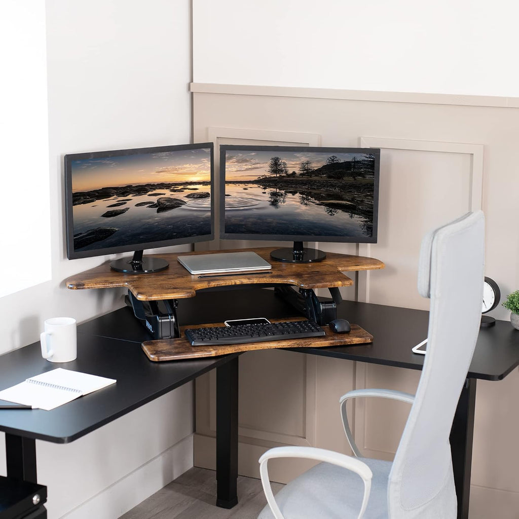 VIVO 43 inch Corner Height Adjustable Cubicle Stand Up Desk Converter, V Series, Quick Sit to Stand Tabletop Dual Monitor Riser Workstation, Rustic Vintage Brown, DESK-V000VCN