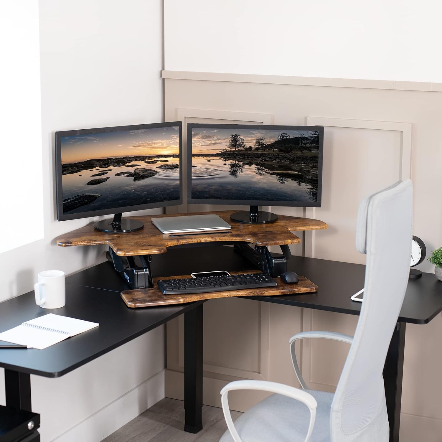 VIVO 43 inch Corner Height Adjustable Cubicle Stand Up Desk Converter, V Series, Quick Sit to Stand Tabletop Dual Monitor Riser Workstation, Rustic Vintage Brown, DESK-V000VCN