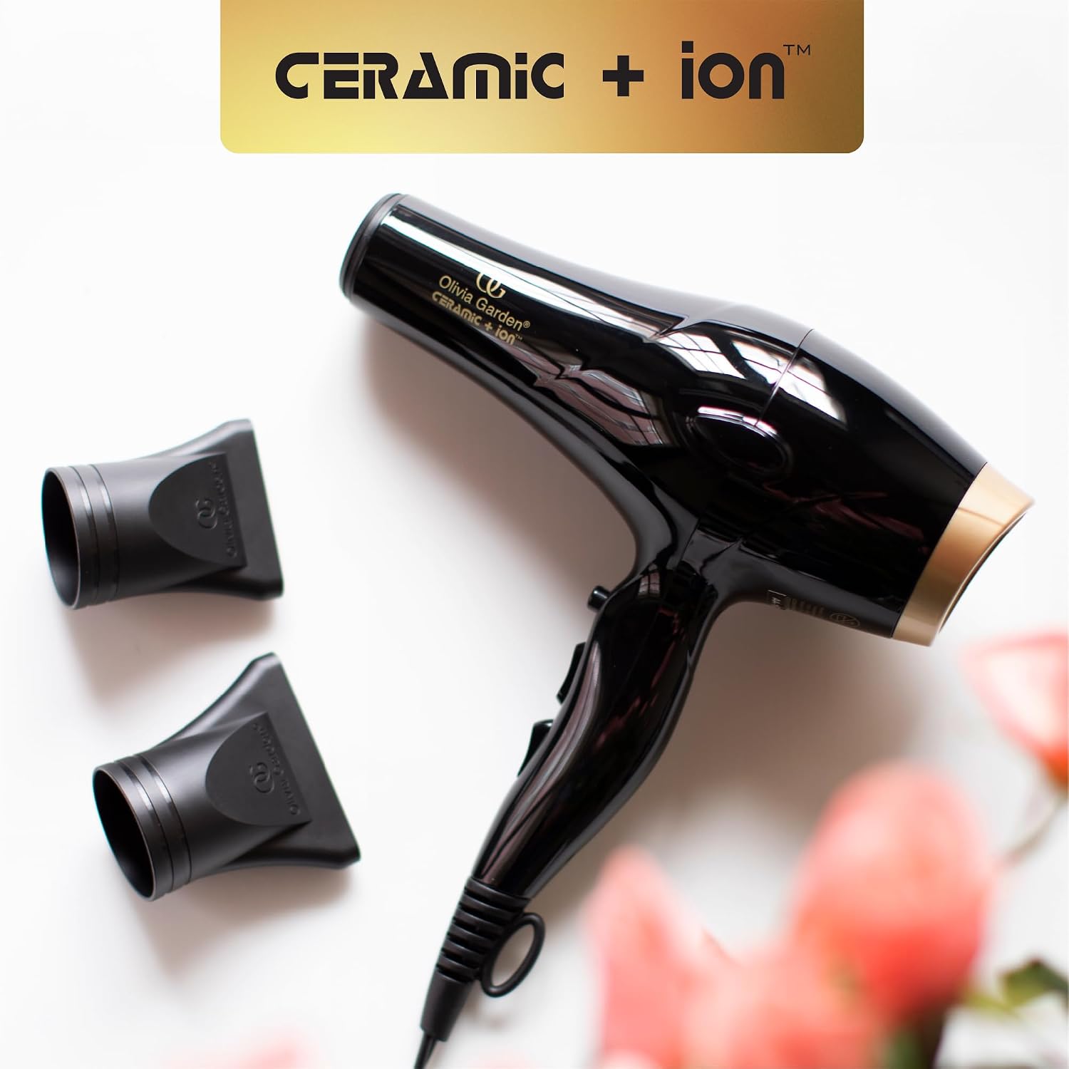 Olivia Garden 1875W Ceramic + Ion Professional Hair Dryer for Men and Women - Fast Drying Blow Dryer - Powerful Ionic Generator - 3 Heat Settings - With 2 Nozzles and Storage Bag