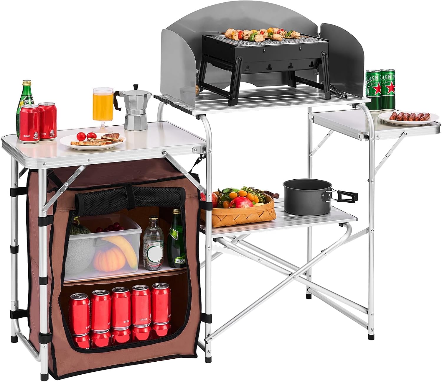 VEVOR Camping Kitchen Table, Folding Outdoor Cooking Table with Storage Carrying Bag, Aluminum Cook Station 1 Cupboard & Detachable Windscreen, Quick Set-up for Picnics, BBQ, RV Traveling, Brown