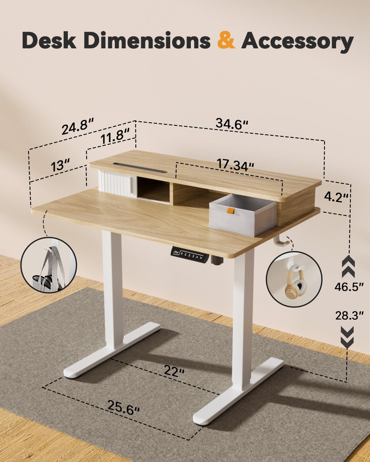 JOY worker Small Electric Standing Desk, 35' x 25' Height Adjustable Desk with Built-in Monitor Stand & Storage Drawer, White Sit Stand Desk with 2 Hooks for Home Office, Light Walnut