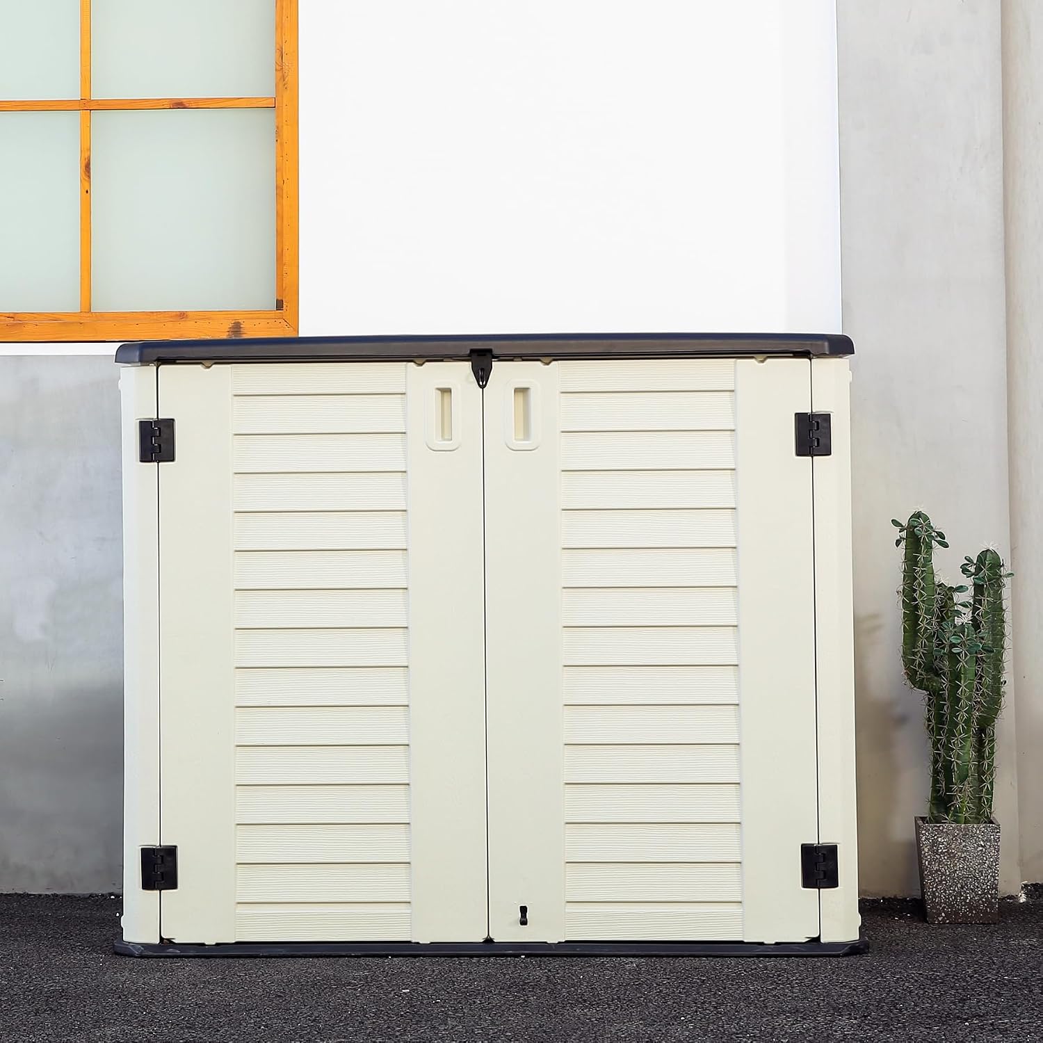 Mrosaa Outdoor Patio Storage Shed,Waterproof Horizontal Outdoor Storage Cabinet for Garbage Cans,Tools and Lawnmower Lockable(34 Cu.ft-Warm-White)