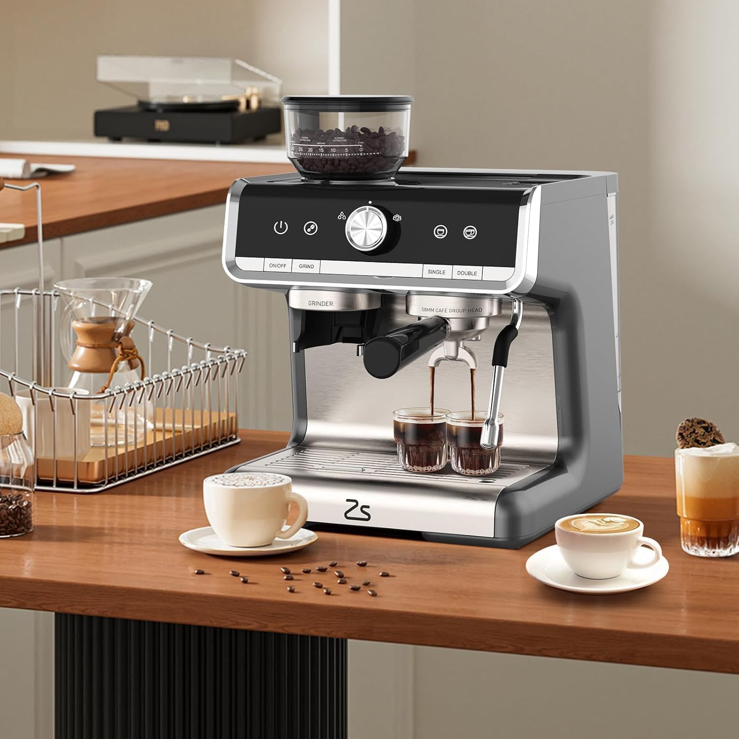 Espresso Machine with Built-in Grinder & Milk Frother, 15 Bar Semi-Automatic Coffee Maker with Steam Wand, 2.5l Water Tank, Italian Pump System, Stainless Steel Construction