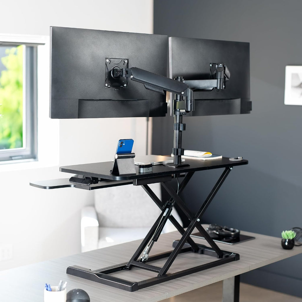 VIVO 36 inch Standing Desk Converter with Dual Monitor Mount for up to 32 inch Screens, Height Adjustable Riser with Mechanical Spring Arms, Black, DESK-KIT-036K2K