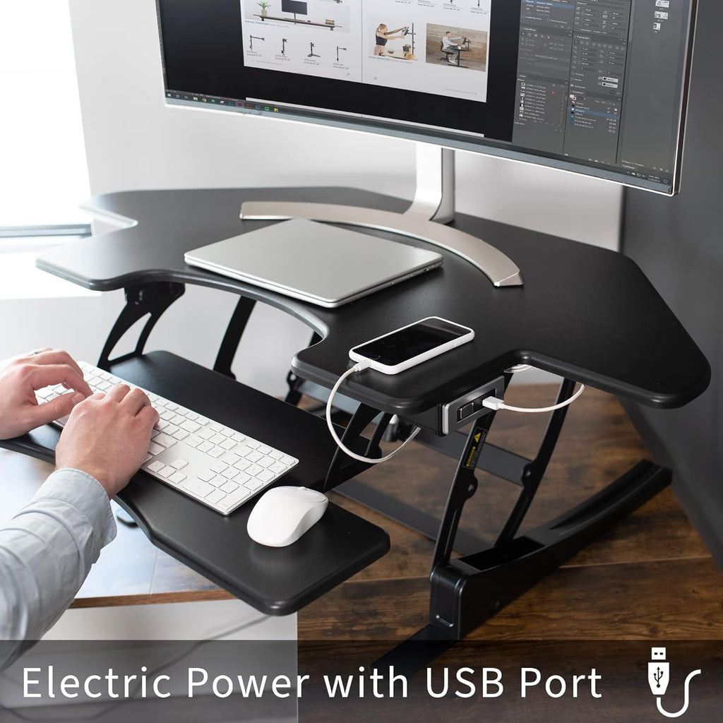VIVO 43 inch Corner Electric Height Adjustable Cubicle Stand Up Desk Converter, VE Series, Sit to Stand Tabletop Dual Monitor Riser with USB Port, Black, DESK-V000VCE