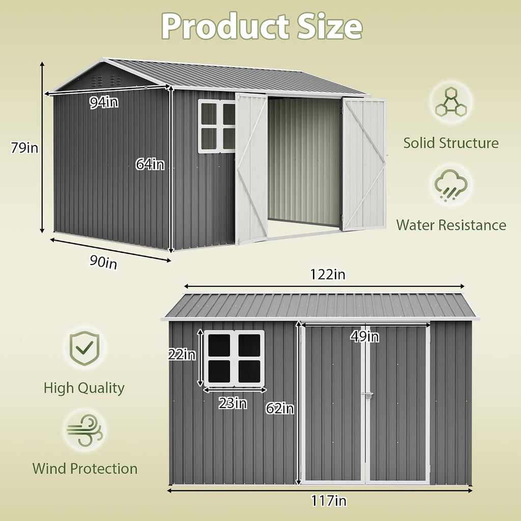 8x10FT Sheds & Outdoor Storage Shed with Bright Window and Lockable Doors, Spacious Metal Garden Shed Heavy-Duty Tool Sheds for Backyard, Patio, Lawn, Gray, Galvanized Steel