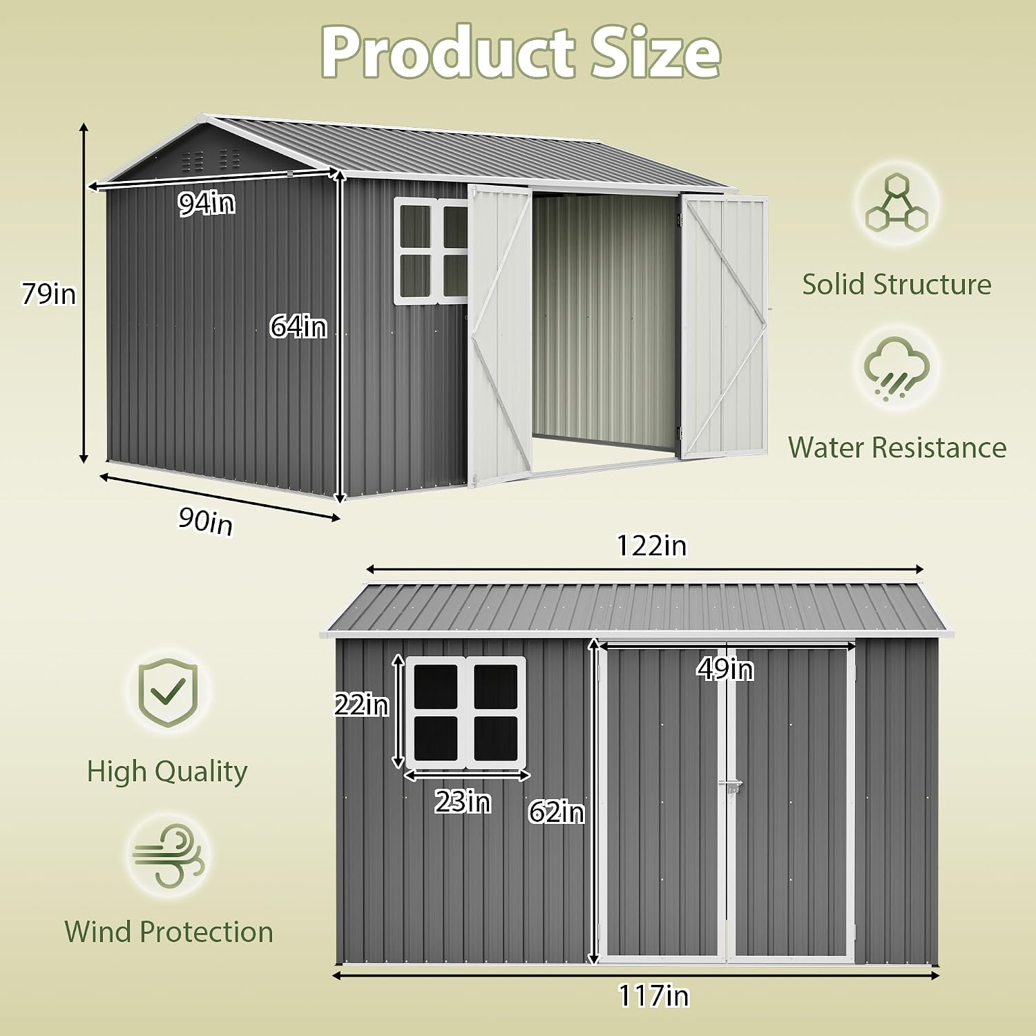 8x10FT Sheds & Outdoor Storage Shed with Bright Window and Lockable Doors, Spacious Metal Garden Shed Heavy-Duty Tool Sheds for Backyard, Patio, Lawn, Gray, Galvanized Steel