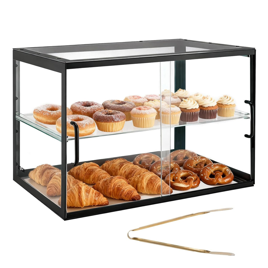 VEVOR Bakery Display Case, 2-Tier Commercial Countertop Pastry Display Case, Clear Acrylic Bread Box for Kitchen, Party Cake Cabinet with Sliding Door for Cookie Dessert Donut, 21.7' x 15.2' x 15.4'