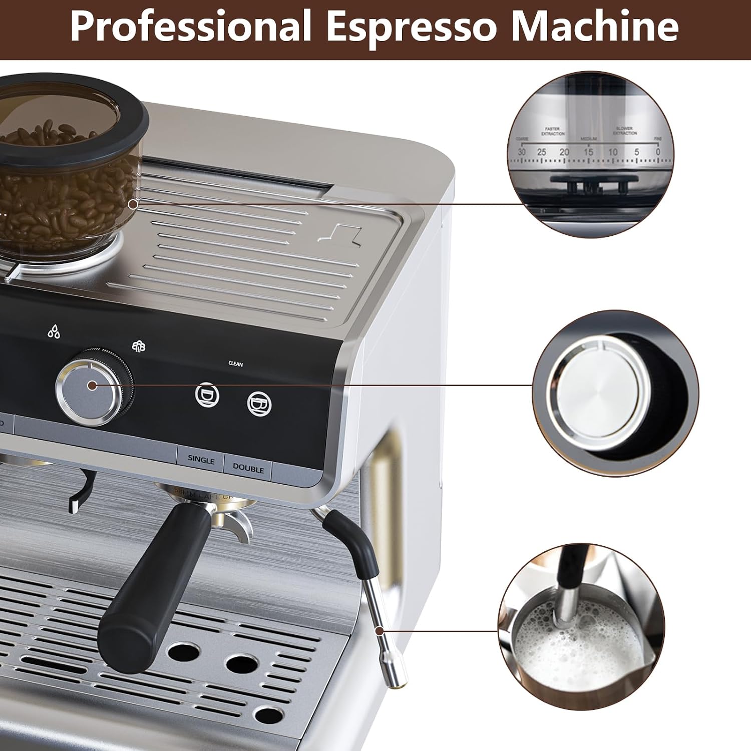Espresso Machine with Built-in Grinder & Milk Frother, 15 Bar Semi-Automatic Coffee Maker with Steam Wand, 2.5l Water Tank, Italian Pump System, Stainless Steel Construction