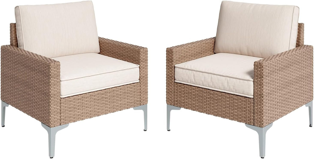 2 Piece Outdoor Single Chairs, All-Weather Wicker Patio Sofa Set with Cushions for Garden, Poolside, Backyard, Beige