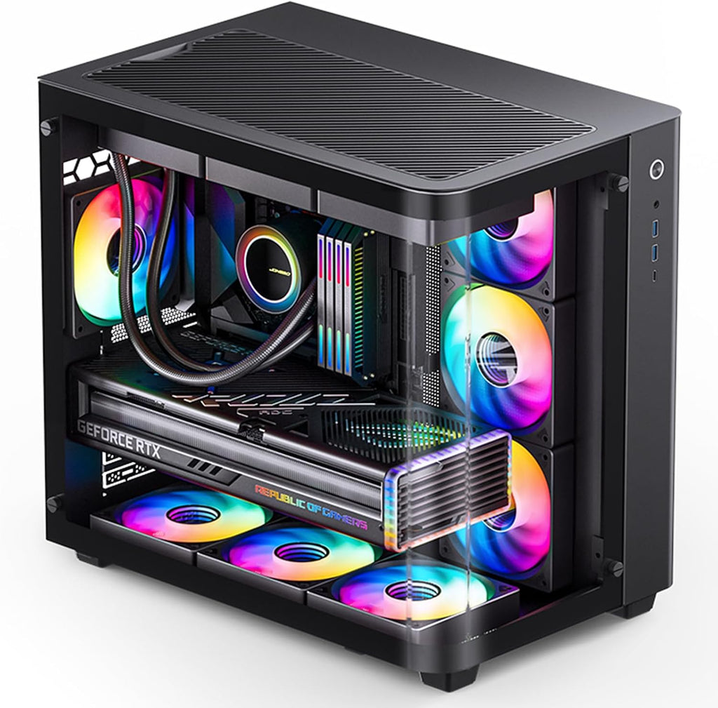 JONSBO TK-3 Black One-Piece Curved Glass ATX Mid Tower Pc Case, One-Piece Curved Glass, SP BTF MB/Dual 360 AIO/ATX PSU/40Series GPU, with 10 Fan Positions, 270 Degree Side View Display,Black Chassis