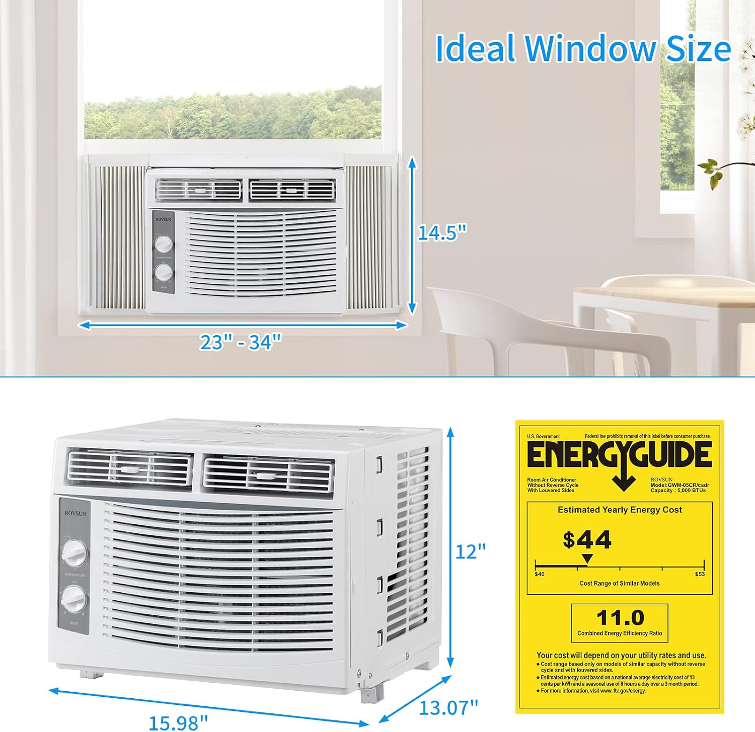 ROVSUN 5000 BTU Air Conditioner Window Unit, 115V/60Hz AC for Window, Cooling Rooms up to 150 Sq. Ft, Easy Install Kit Included, White