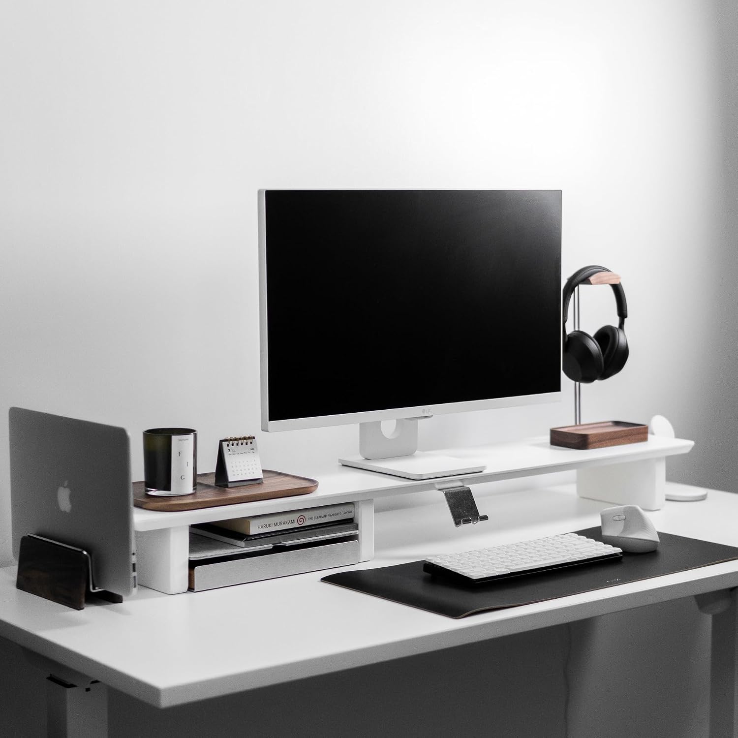 Raico Desk Cockpit Shelf Monitor Stand System Dual Screen Setup Wood Large Desk Accessory Organizer Unit (Matte White, Full Length v2 | 45.7 Inches)