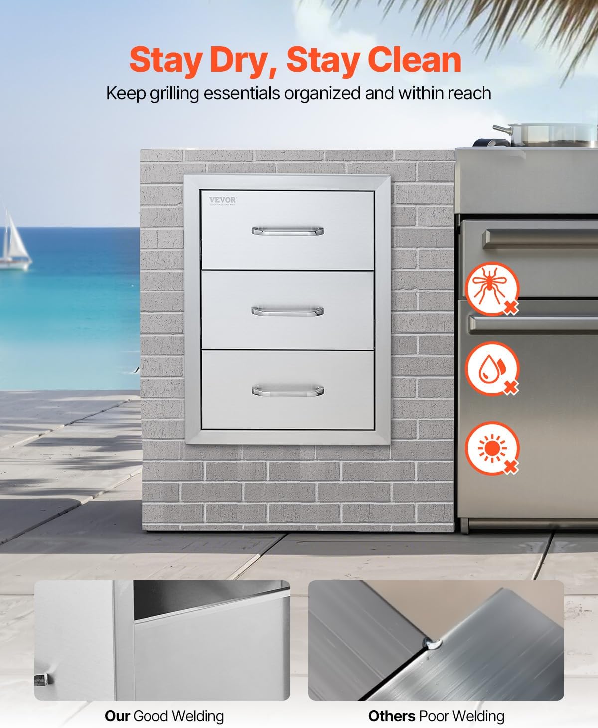 VEVOR Outdoor Kitchen Drawer 16' W x 21.5' H x 18' D, Outdoor Kitchen Cabinets, BBQ Drawer Stainless Steel, Flush Mount Triple Access, with Handle, BBQ Island, Outdoor Grill Patio Grill Station
