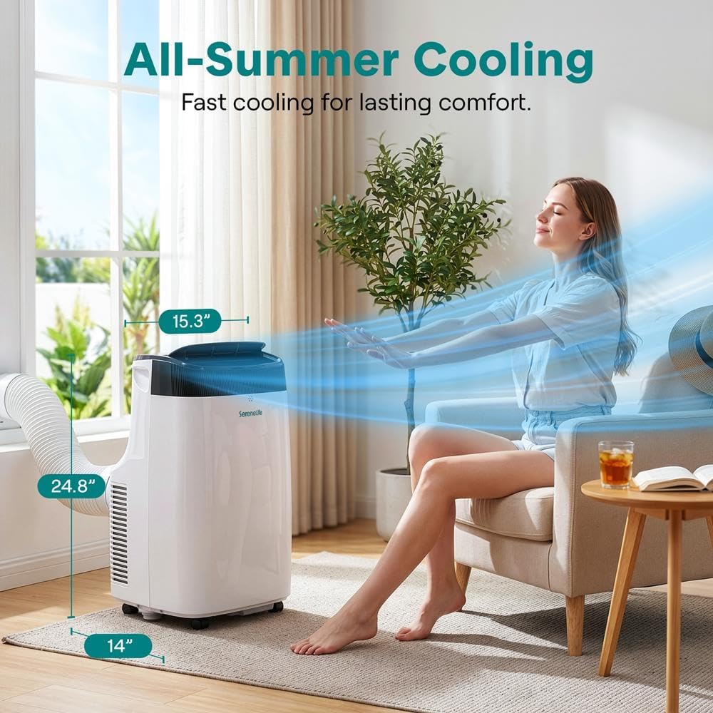 SereneLife Portable Air Conditioner, Dehumidifier & Fan | 3-in-1 8,000 BTU AC With Temperature Ranges 64°F–90°F & Cools 350 SQ FT | Includes 3 Fan Speeds, Remote Control, & Window Exhaust Kit | White