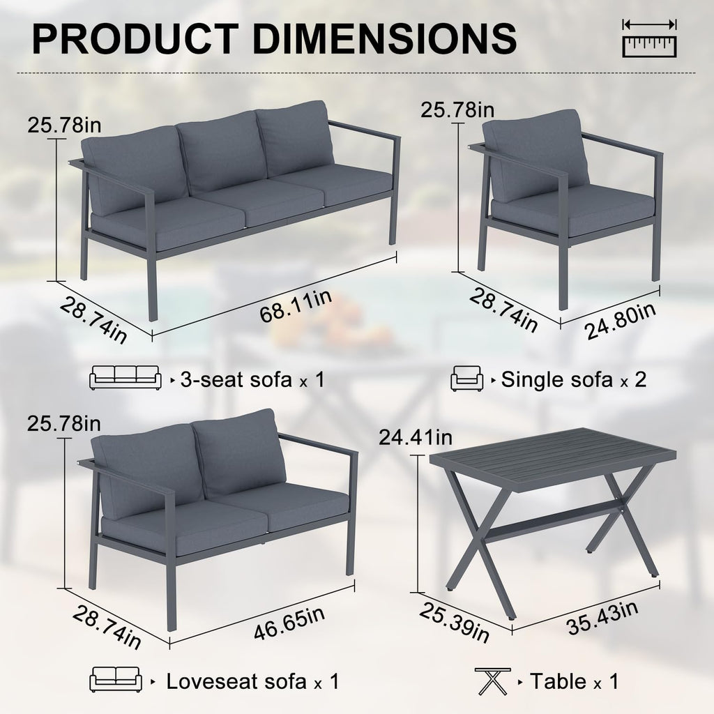2 PCS All Aluminum Single Seat Sofa Outdoor Patio Single Sofa Chair Weatherproof Leisure Armchair for Garden Backyard Poolside Gray