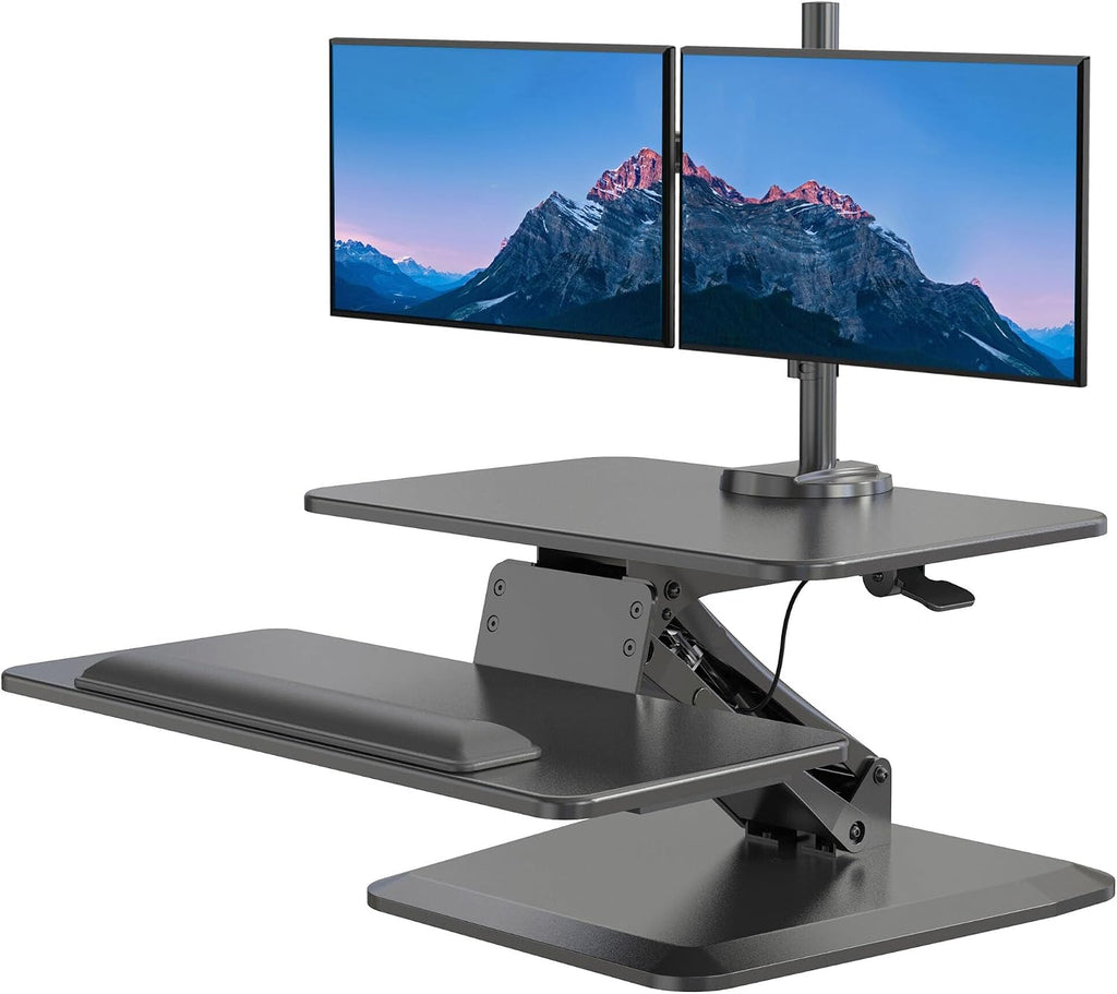 Mount-It! Standing Desk Converter, Stand Up Desk Riser with Dual Monitor Mount, Adjustable Workstation in Black, Top Platform 23' Wide, Keyboard Mouse Tray 27' Wide, Raises 5' to 17' Tall