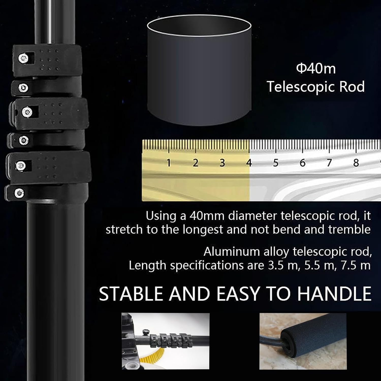 Double Head Solar Panel Cleaning Brush (3.5M / 5.5M / 7.5M), Adjustable Length, Double Brush Head (Rotating), Battery Life: 4-8 Hours, Water Supply Rod Electric Rotating Brush,7.5m