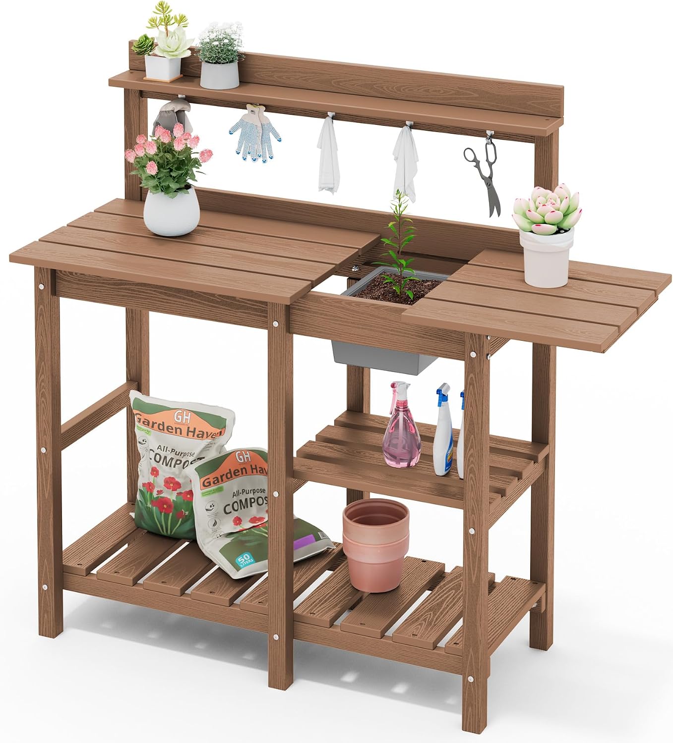 SERWALL Outdoor Potting Bench 2-Piece Set, Rot-Resistant HDPE Potting Table with Removable Sink for Outside Gardening, All-Weather Use - Brown
