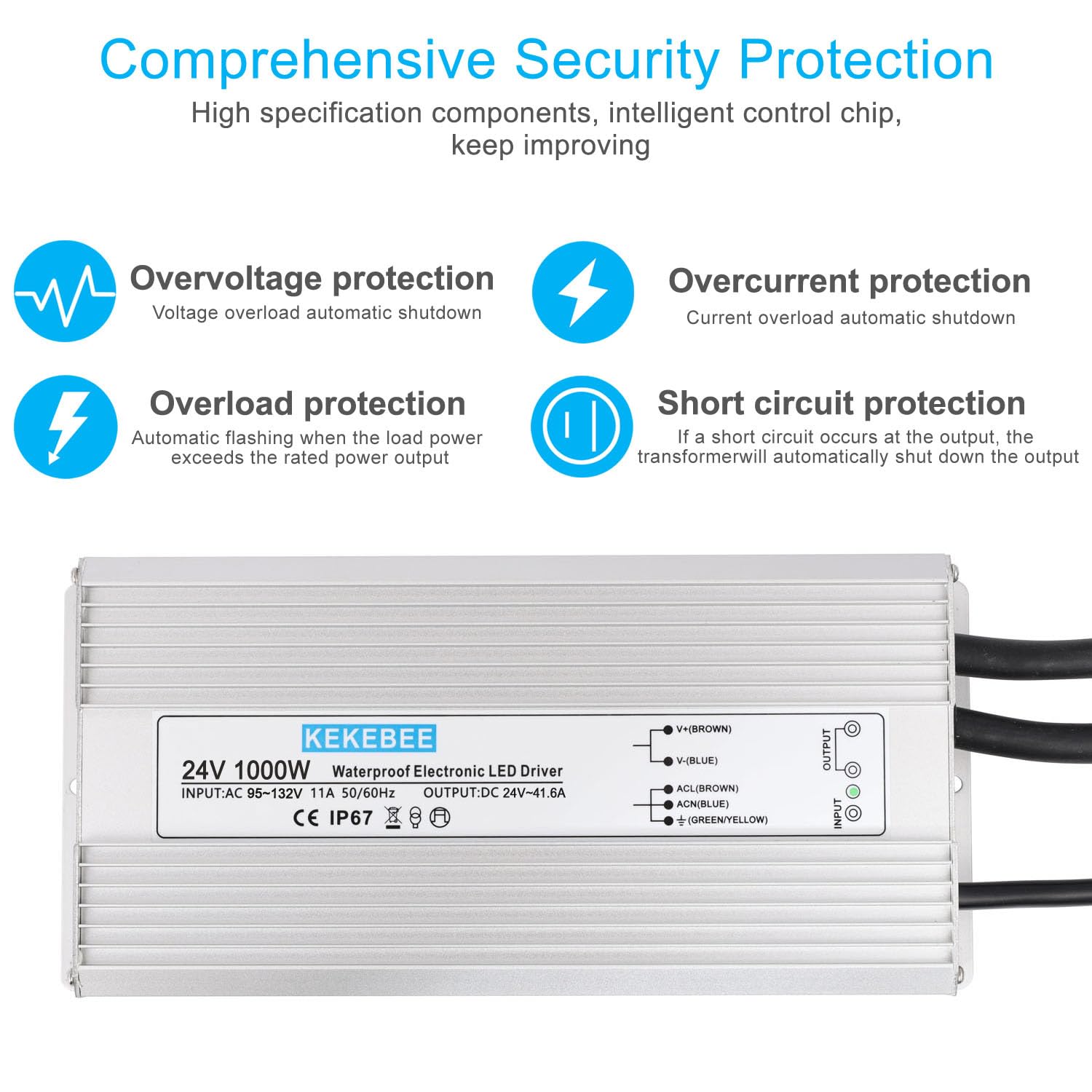 LED Driver 24V1000W Waterproof Power Supply AC95-132V to DC24V41.6A Low Voltage DC Transformer IP67 with 3-pin US Plug Suitable for Indoor and Outdoor LED Lighting and Any 24V DC Devices