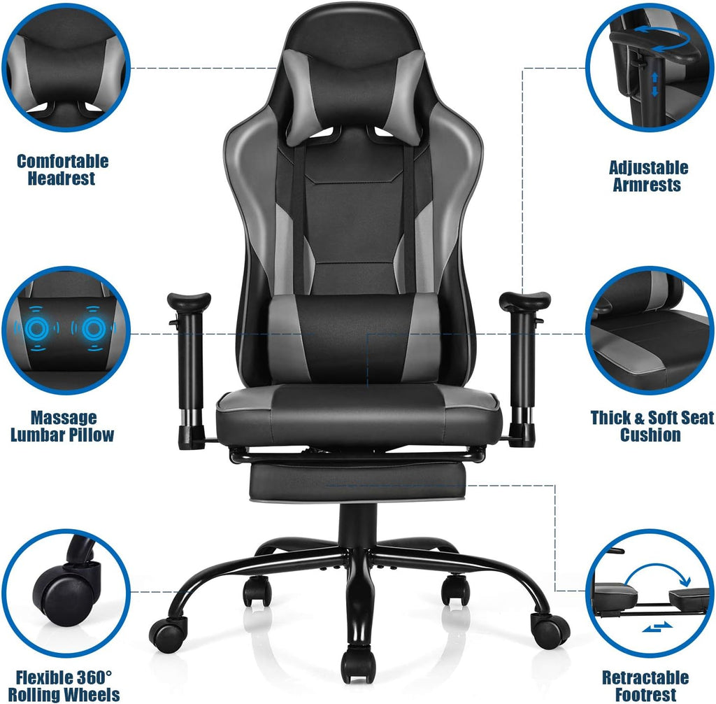 GYMAX Gaming Chair, High Back Computer Gaming Chair with Adjustable Armrests & Massage Lumbar Support, Swivel Ergonomic Reclining Office Chair (Black)