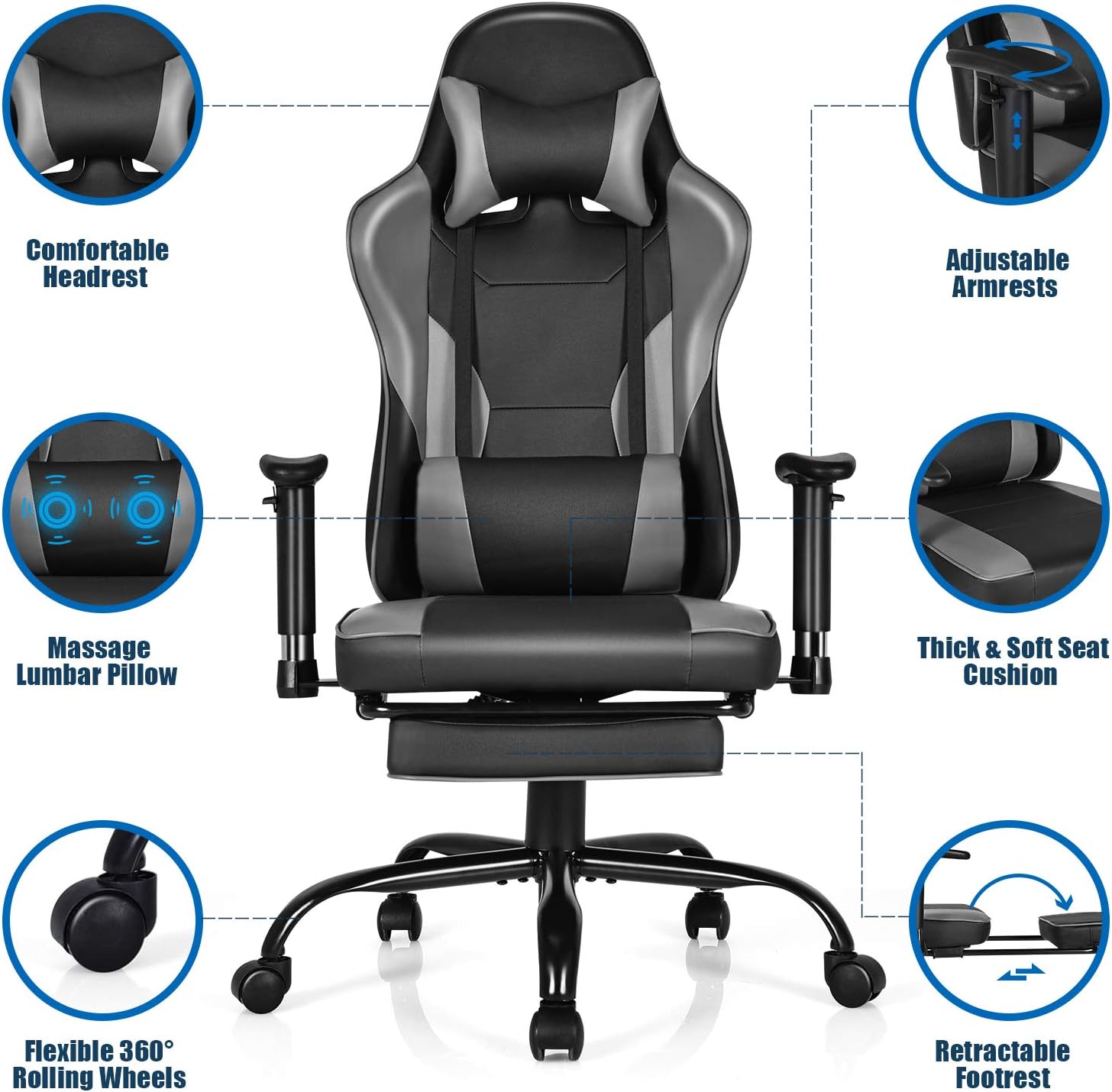 GYMAX Gaming Chair, High Back Computer Gaming Chair with Adjustable Armrests & Massage Lumbar Support, Swivel Ergonomic Reclining Office Chair (Black)