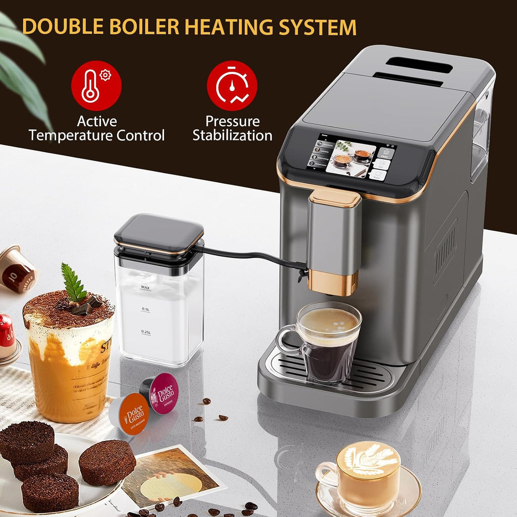 Espresso Maker With Milk Frother - Fully Automatic, 4-Beverage Options, Built-In Grinder, Intuitive Touch Display, and Sleek Gunmetal Finish