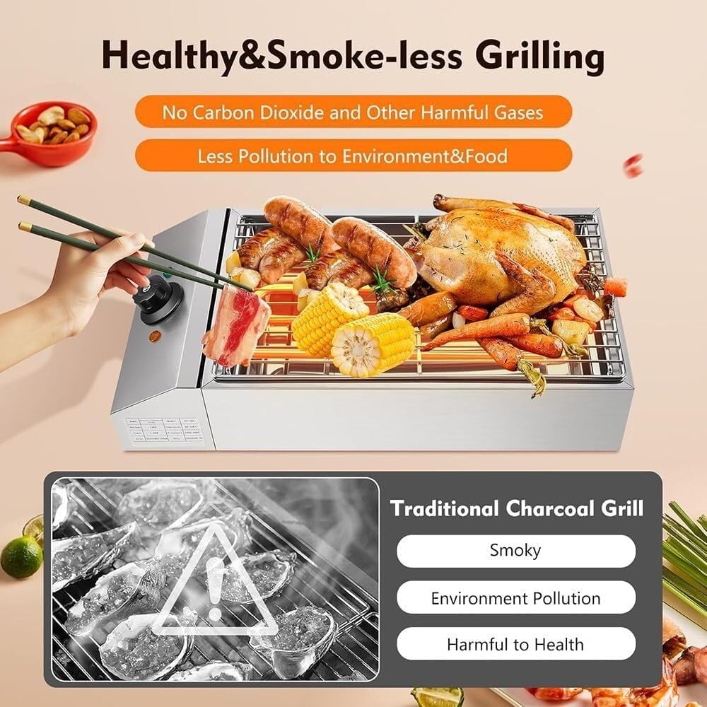 Indoor Grill, 2600W Electric, Smokeless, Even Heating, Portable, Grease Collection Tray,Single Plate, For Family Parties, Outdoor Grilling or Commercial Use