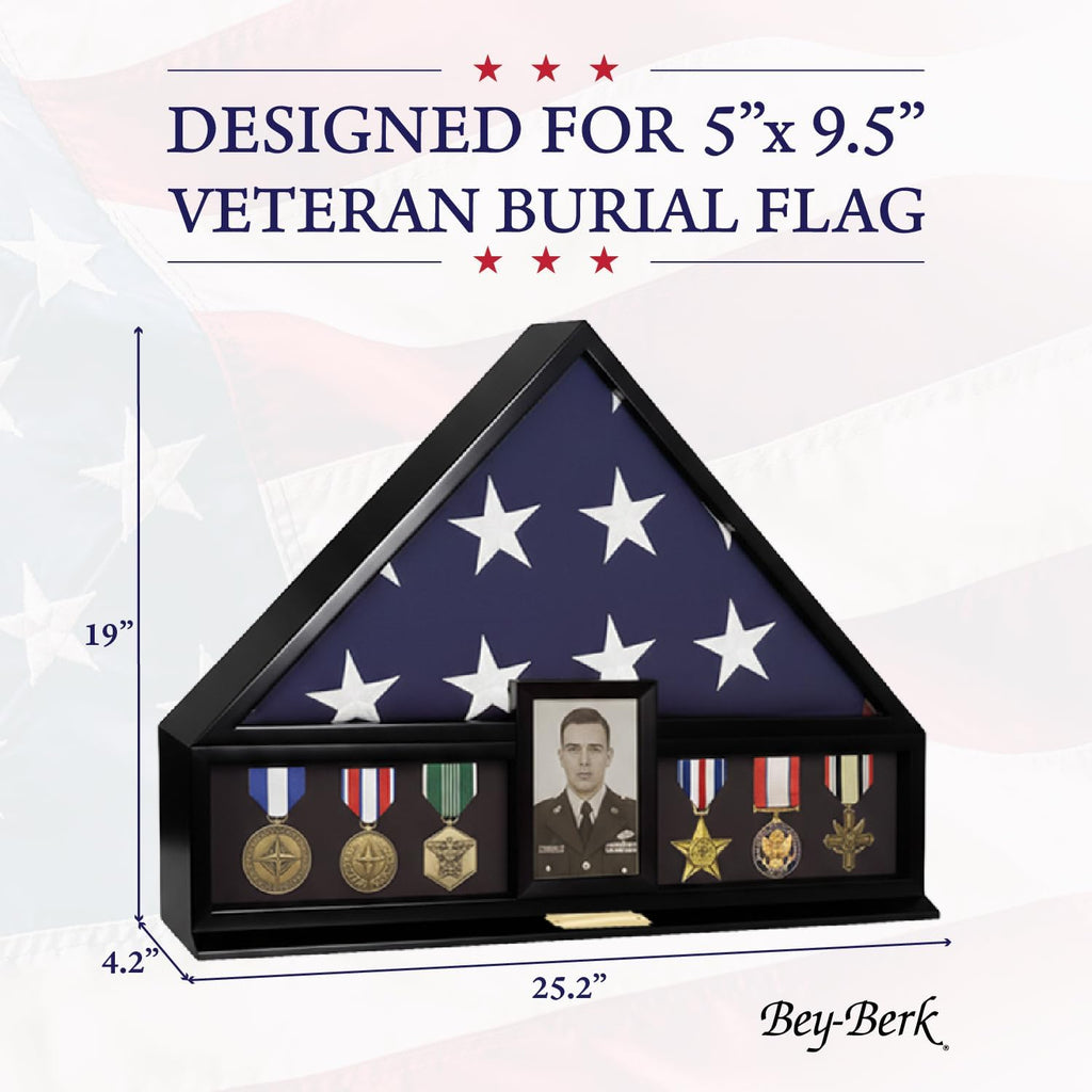 Bey-Berk Personalized American Burial Flag Display Case (Black), Solid Wood Military Shadow Box with Medal Display, 4' x 6' Photo Frame and Glass Front, Fits 5' x 9.5' Veteran Flag