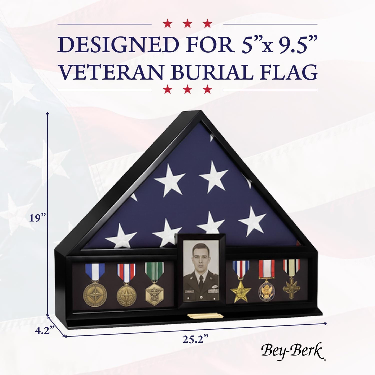 Bey-Berk Personalized American Burial Flag Display Case (Black), Solid Wood Military Shadow Box with Medal Display, 4' x 6' Photo Frame and Glass Front, Fits 5' x 9.5' Veteran Flag