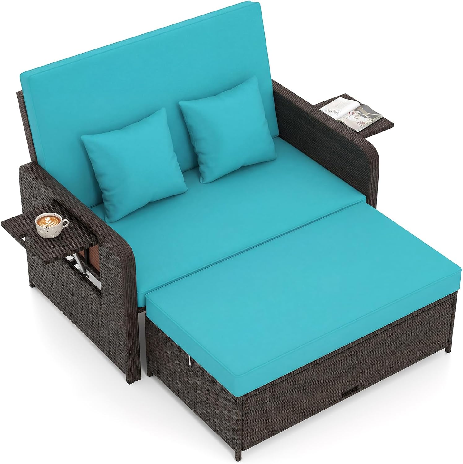 Tangkula Patio Rattan Daybed with 4-Level Adjustable Backrest, Outdoor PE Wicker Loveseat with Storage Ottoman & Folding Side Tray, Double Sunbed Lounger for Balcony, Backyard & Poolside, Turquoise