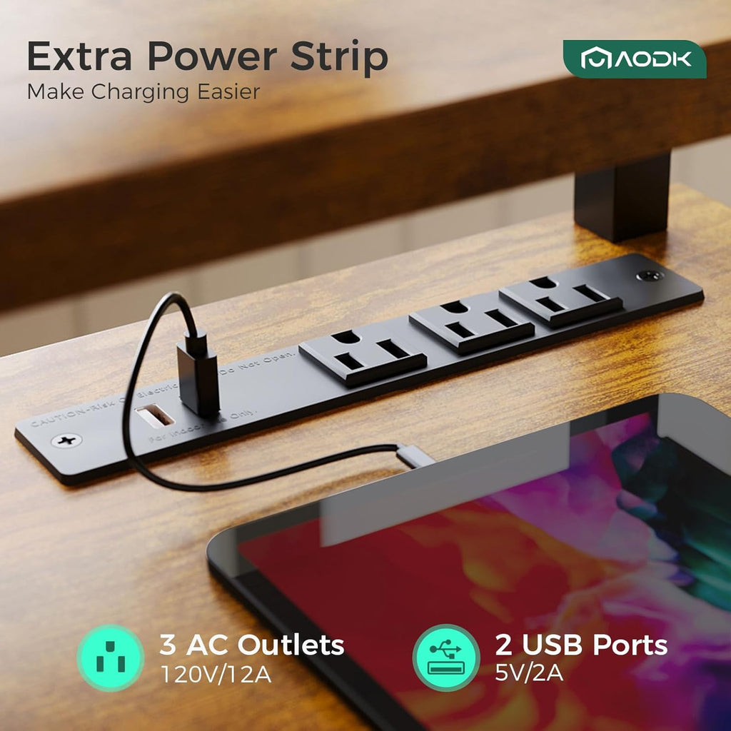 AODK Electric Standing Desk with Drawers & Keyboard Tray, 63 Inch Height Adjustable Gaming Desk with Power Outlets & LED Lights, Sit Stand Table with Monitor Stand for Home, Office, Rustic Brown