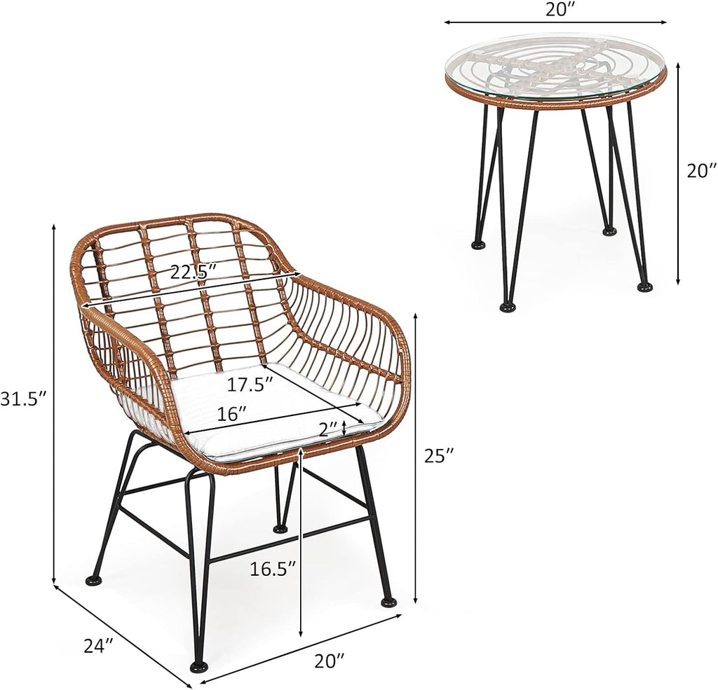 COSTWAY 3 Pieces Patio Bistro Set, Outdoor Rattan Conversation Seating Chair Set with Coffee Table & Soft Cushions, Indoor Wicker Furniture Set for Garden, Balcony, Porch, Pool, Turquoise