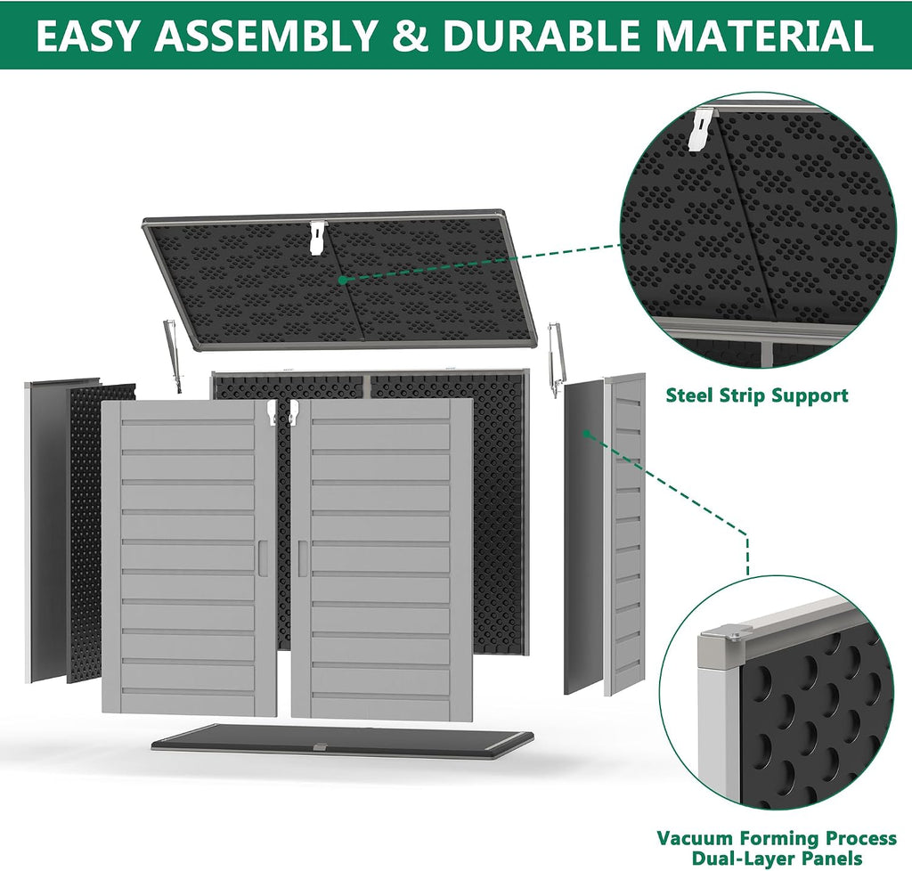 Uhomepro 4.6 Ft. X 4.1 Ft Outdoor Horizontal Storage Shed, Resin Storage Shed with Double Lockable Doors, Ideal for Garbage Can Storage and Garden Tools, Strong Water Resistance