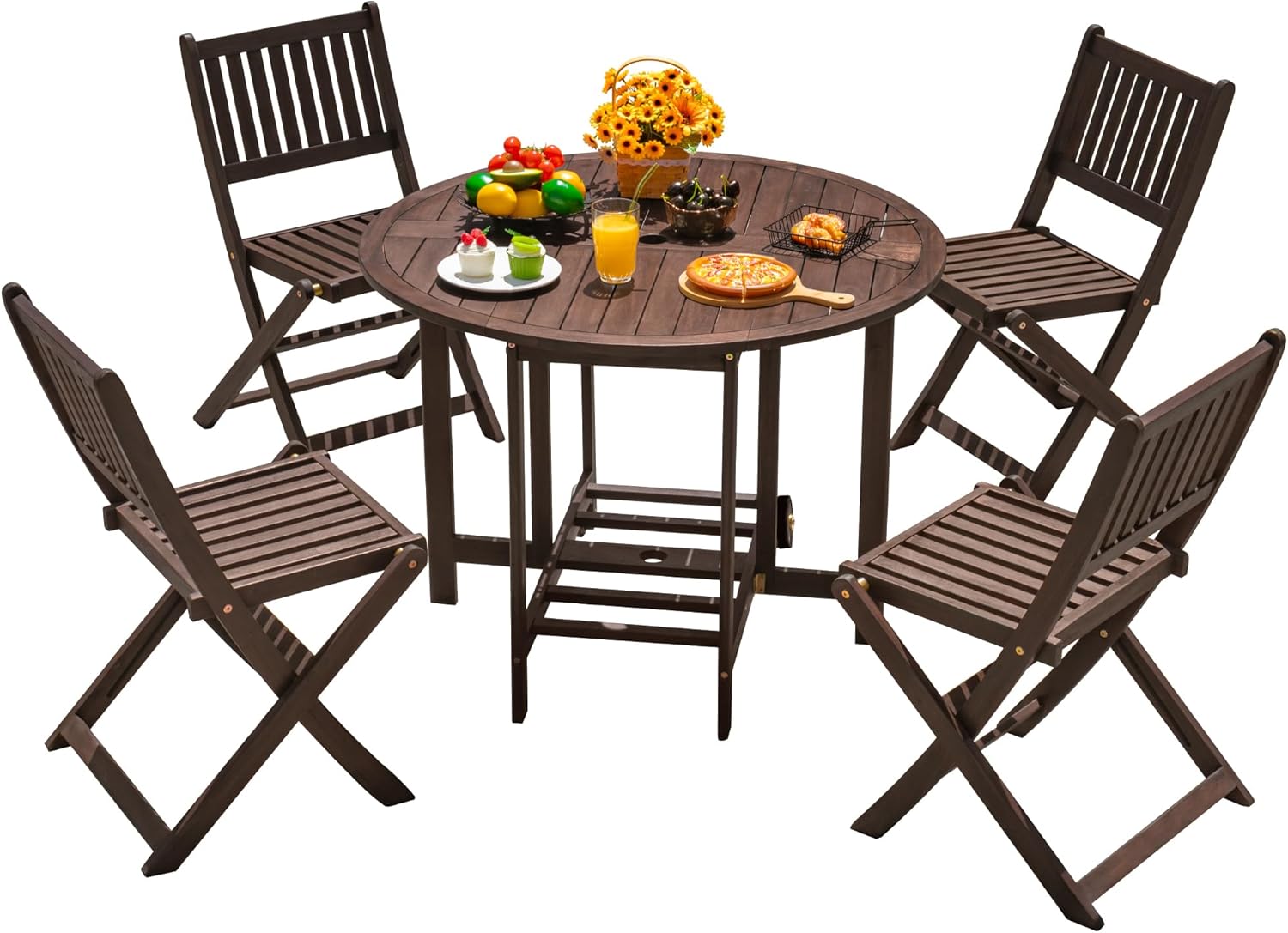 Devoko 5 PCS Patio Furniture, Patio Dining Set Acacia Wood Outdoor Table and Chairs, with 4 Folding Chairs and 37' Round Movable Table, Outdoor Dining Set for Lawn, Balcony, Garden (Deep Brown)