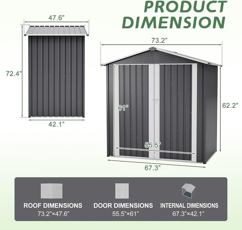 6x4FT Sheds & Outdoor Storage Shed with Lockable Doors, Vent, Heavy Duty Metal Garden Tool Shed for Backyard, Patio, Lawn
