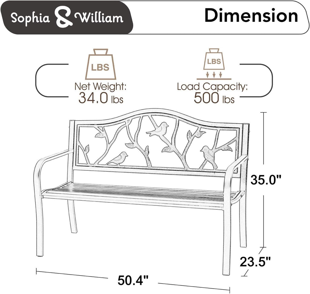 Sophia & William Outdoor Patio Metal Park Bench Red, Steel Frame Bench with Backrest and Armrests for Porch, Patio, Garden, Lawn, Balcony, Backyard and Indoor, 50.4'Wx23.5'D x35.0'H