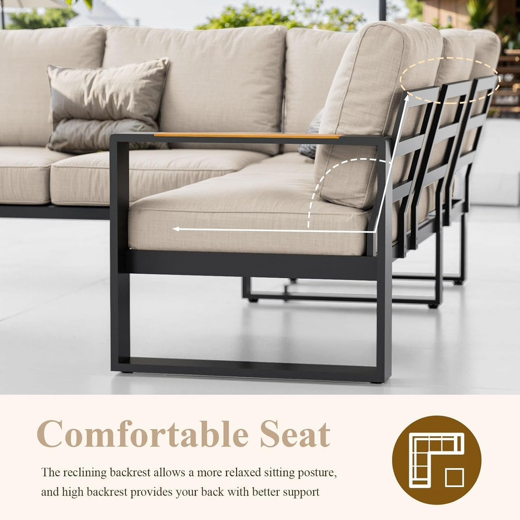 Aluminum Patio Furniture Set, All-Weather Outdoor Couch Sectional, L Shaped Patio Conversation Sets, Metal Corner Sofa with Teak Coffee Table(Cushion: Beige., Black Frame)