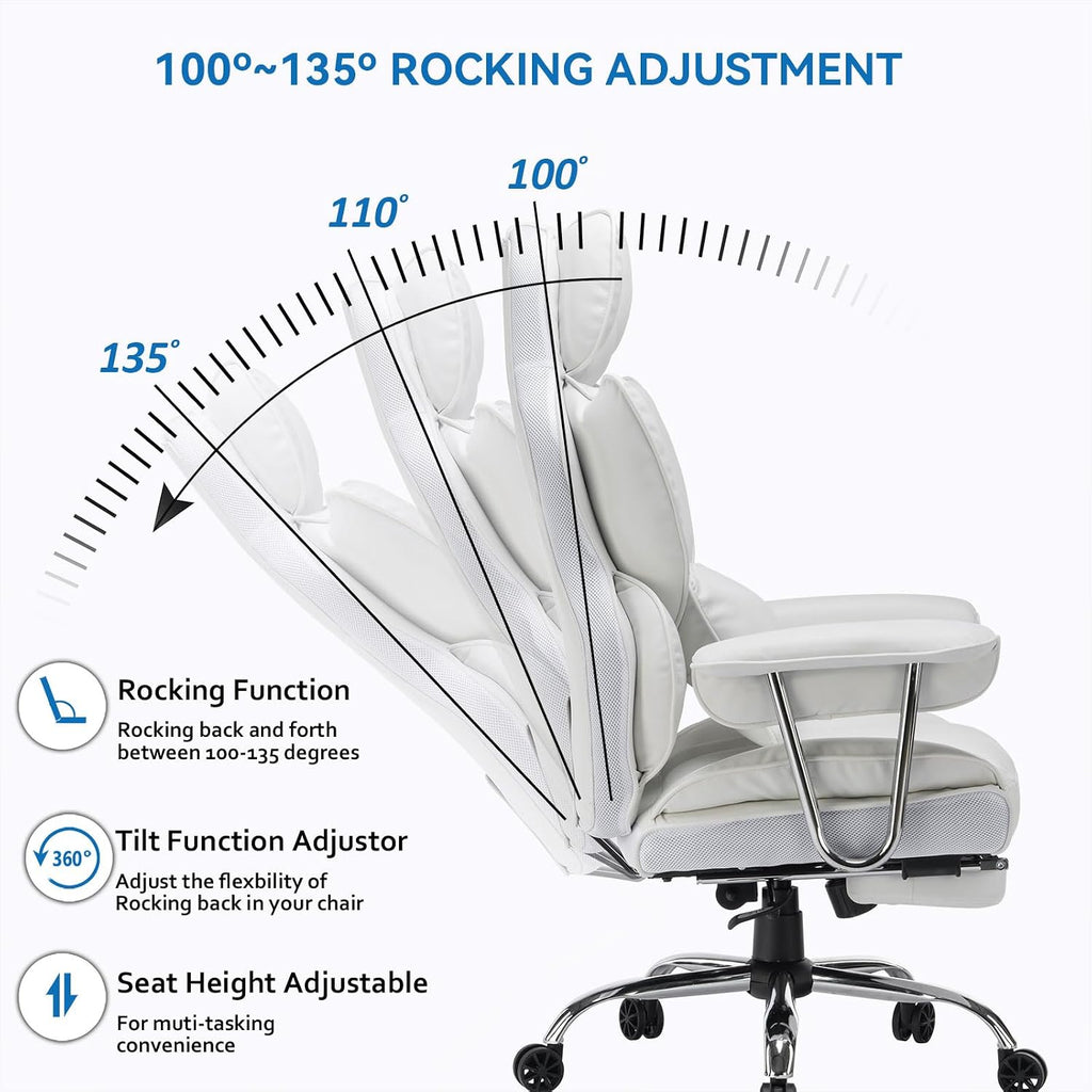 Efomao Big and Tall Office Chair 400lbs, Executive PU Leather Desk Chair with Footrest & Lumbar Support, Heavy Duty Computer Seating for Home, White