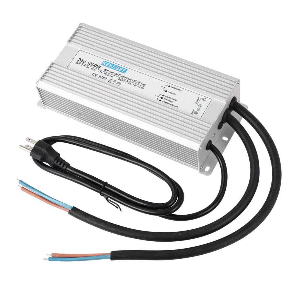 LED Driver 24V1000W Waterproof Power Supply AC95-132V to DC24V41.6A Low Voltage DC Transformer IP67 with 3-pin US Plug Suitable for Indoor and Outdoor LED Lighting and Any 24V DC Devices