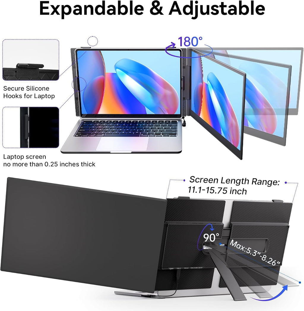 Laptop Screen Extender - 14' FHD IPS 1080P Dual Portable Monitor for 13.3'-17.3' Laptop USB-C/USB-A/HDMI Monitors Display Travel Work Monitor Extender for Mac Windows