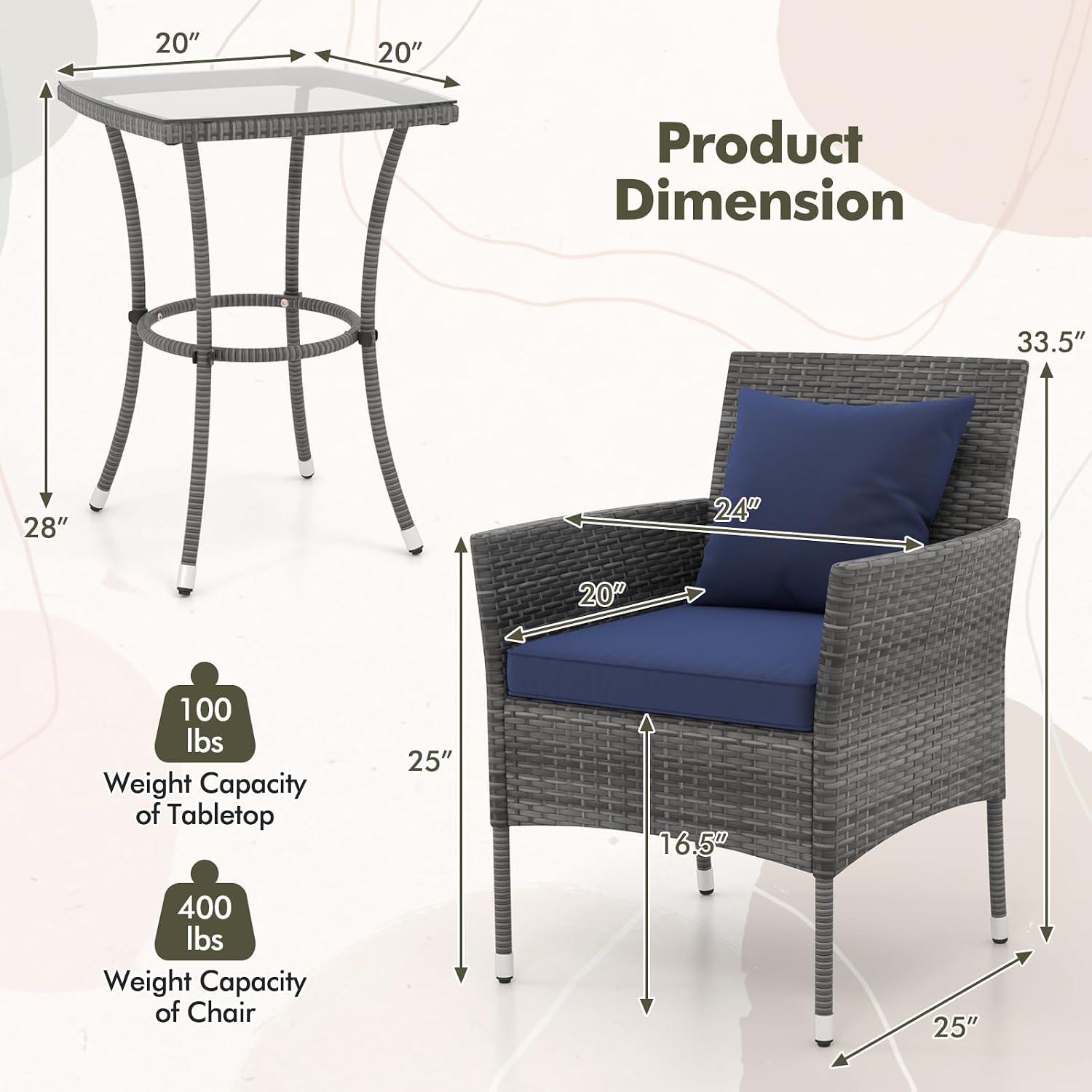 RELAX4LIFE 3-Piece Patio Furniture Set - Rattan Wicker Outdoor Furniture w/Cushions & Tempered Glass Coffee Table, Small Conversation Bistro Table and Chairs Set of 2 for Garden Porch Balcony (Navy)