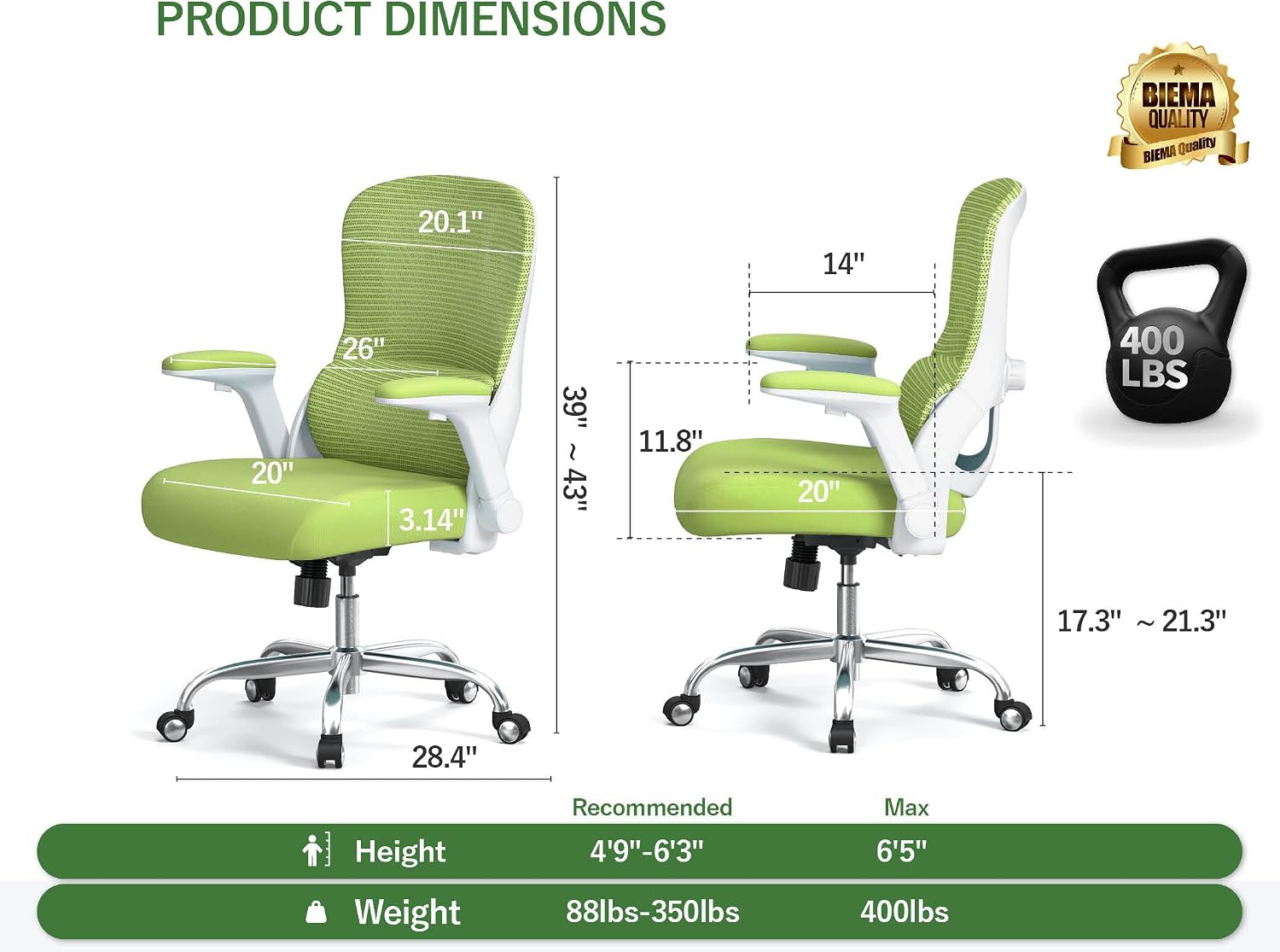 Office Chair Ergonomic Desk Chair Comfy: 400LBS Mesh Computer Chair Ergonomic Gaming Chairs with Wheels Adjustable Lumbar Support and Flip up Armrest-Swivel Executive Chairs Long Hours(Green)